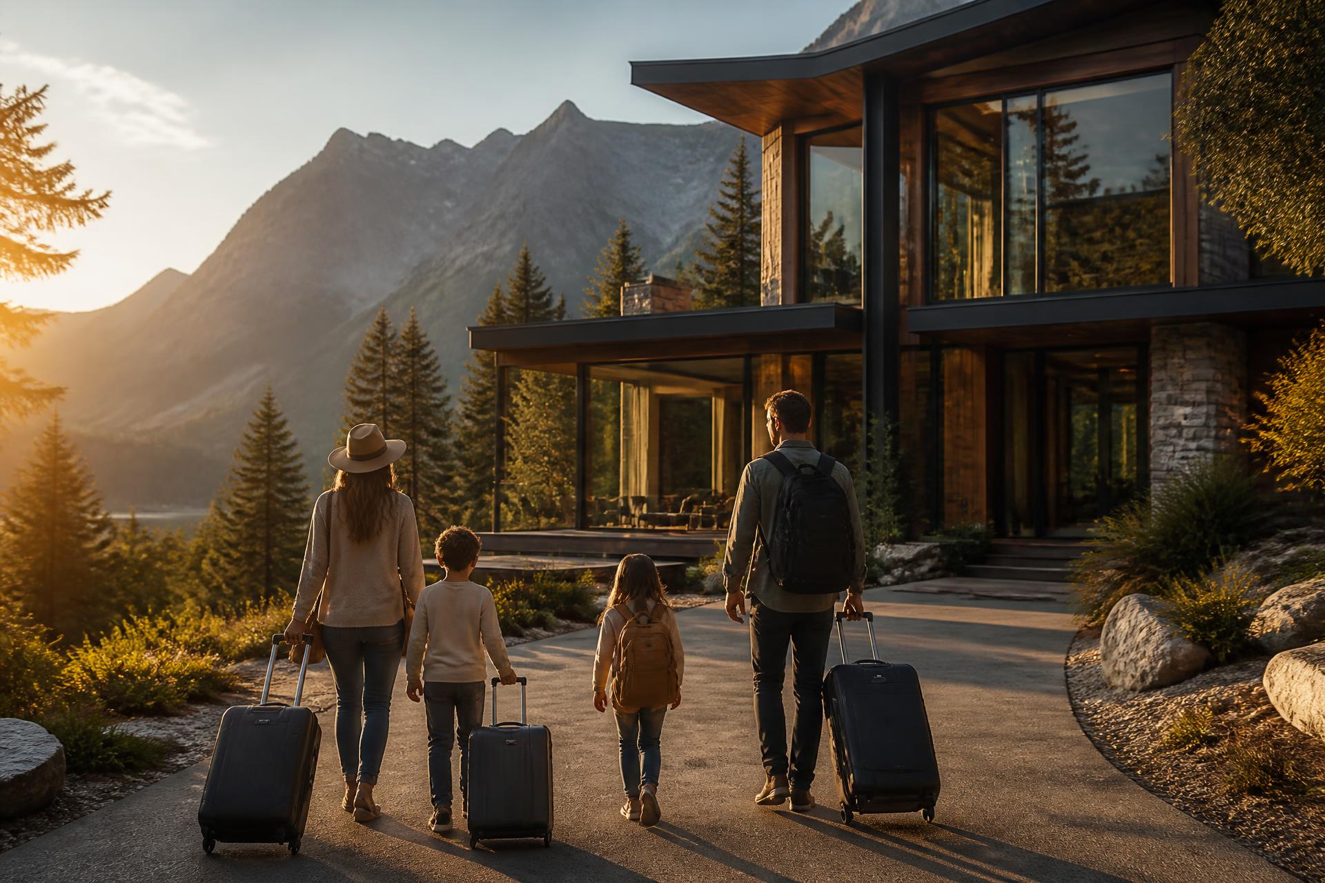 Familie erreicht ein Luxus-Ferienhaus in den Bergen